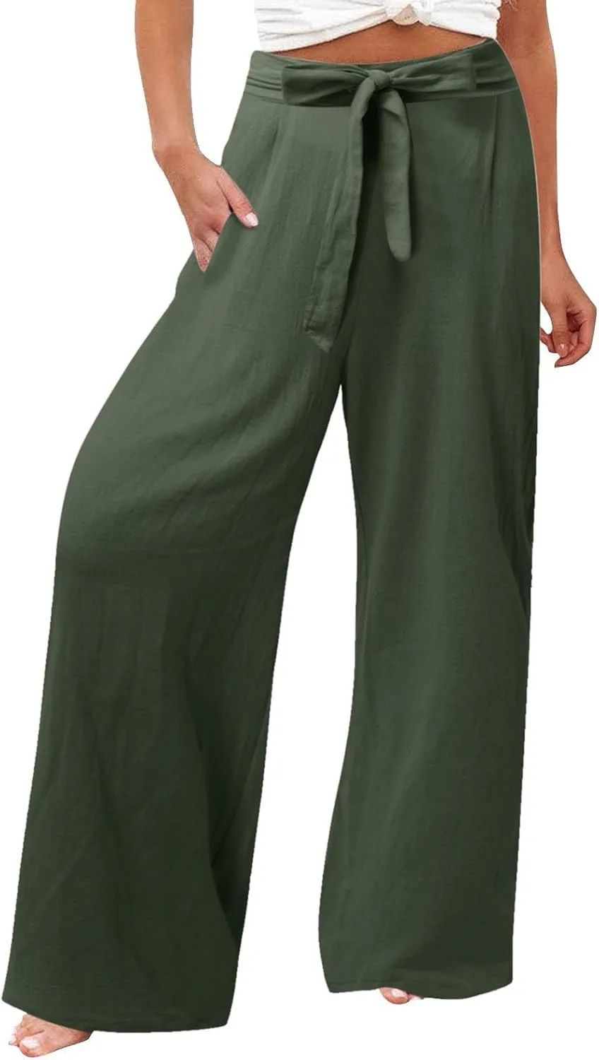 Womens Linen Summer Flowy Pants Elastic Waist Lounge Pants Slim Fit Trouser Travel