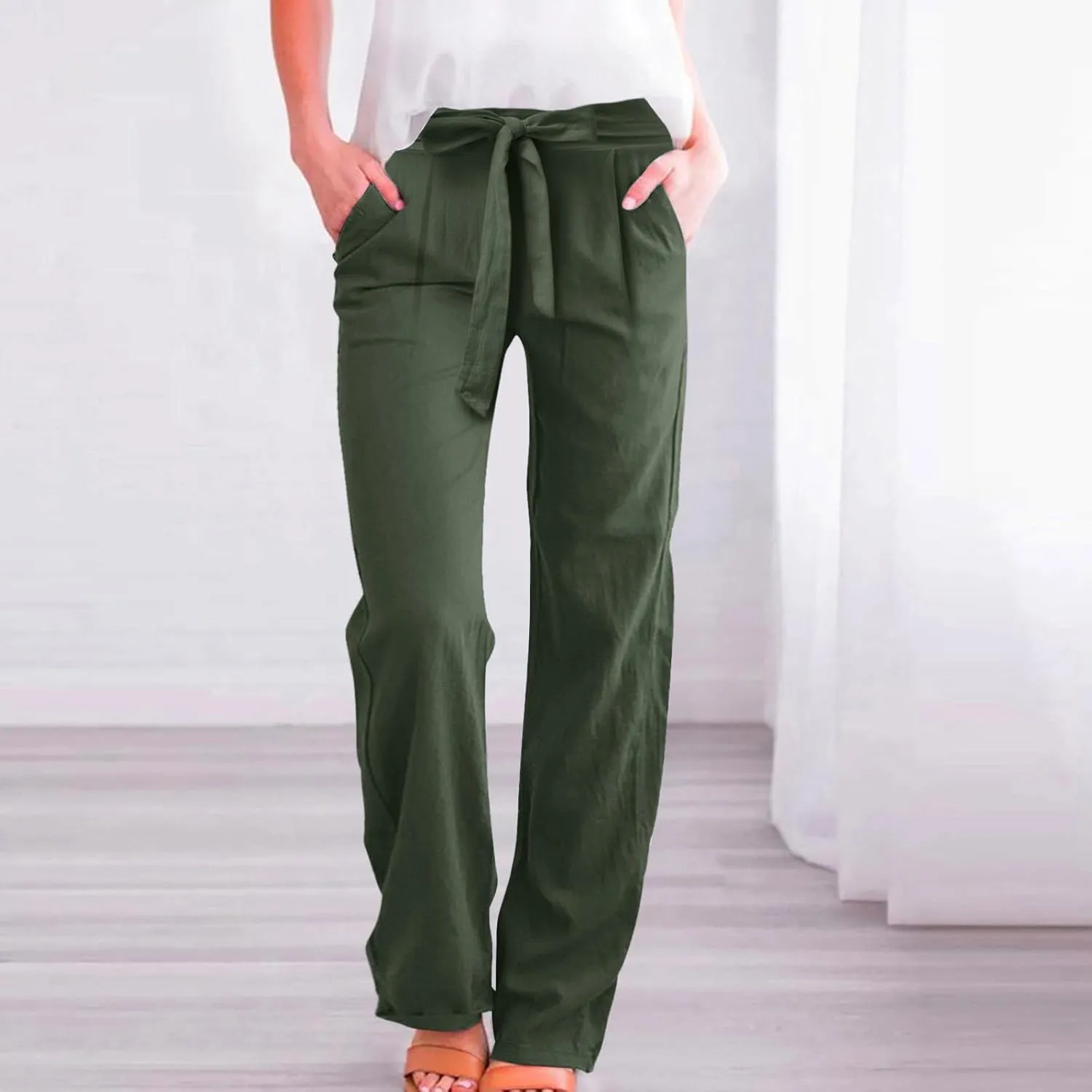 Womens Linen Summer Flowy Pants Elastic Waist Lounge Pants Slim Fit Trouser Travel