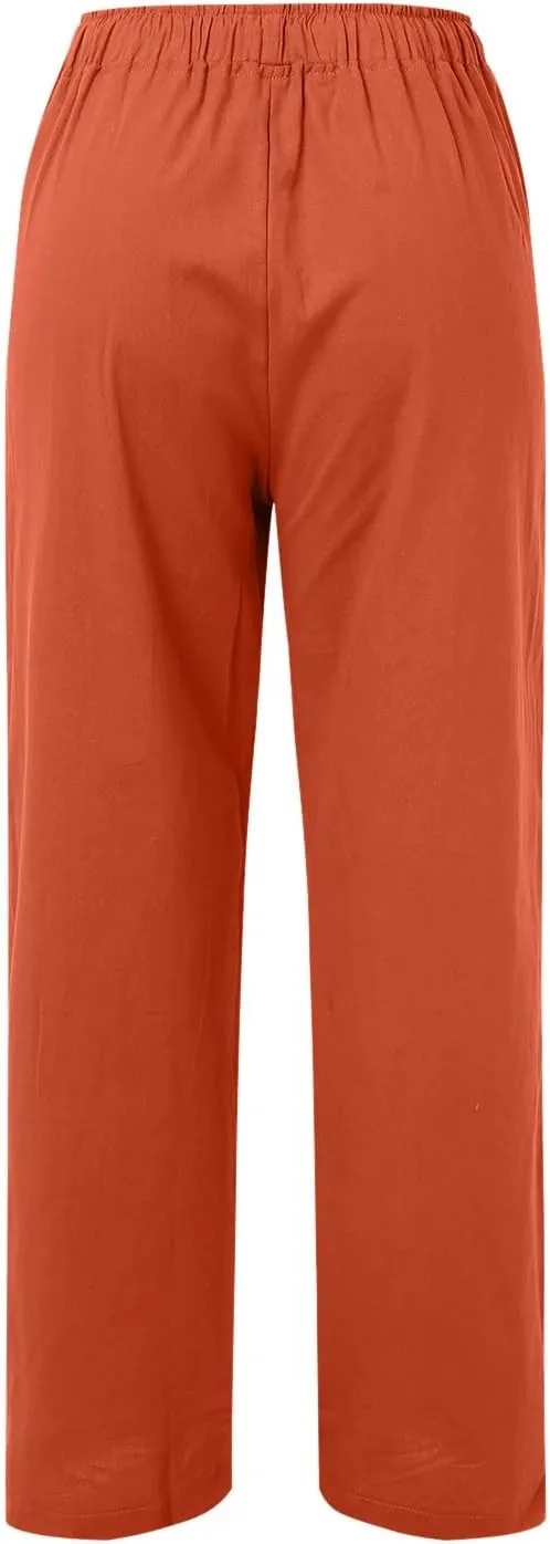 Women's Linen Summer Loose Flowy Pants Elastic Waisted Bootcut Slim-Fit Pant Trousers Beach