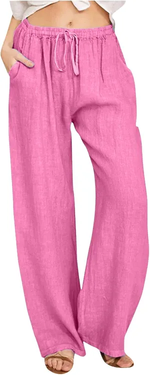Women's Linen Summer Loose Flowy Pants Elastic Waisted Bootcut Slim-Fit Pant Trousers Beach
