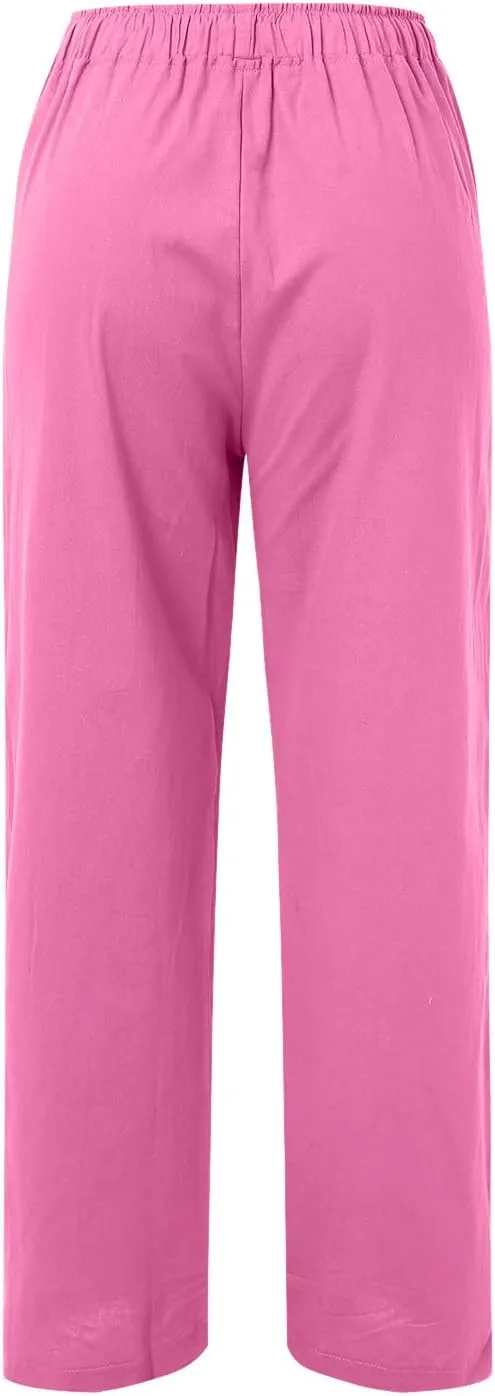 Women's Linen Summer Loose Flowy Pants Elastic Waisted Bootcut Slim-Fit Pant Trousers Beach