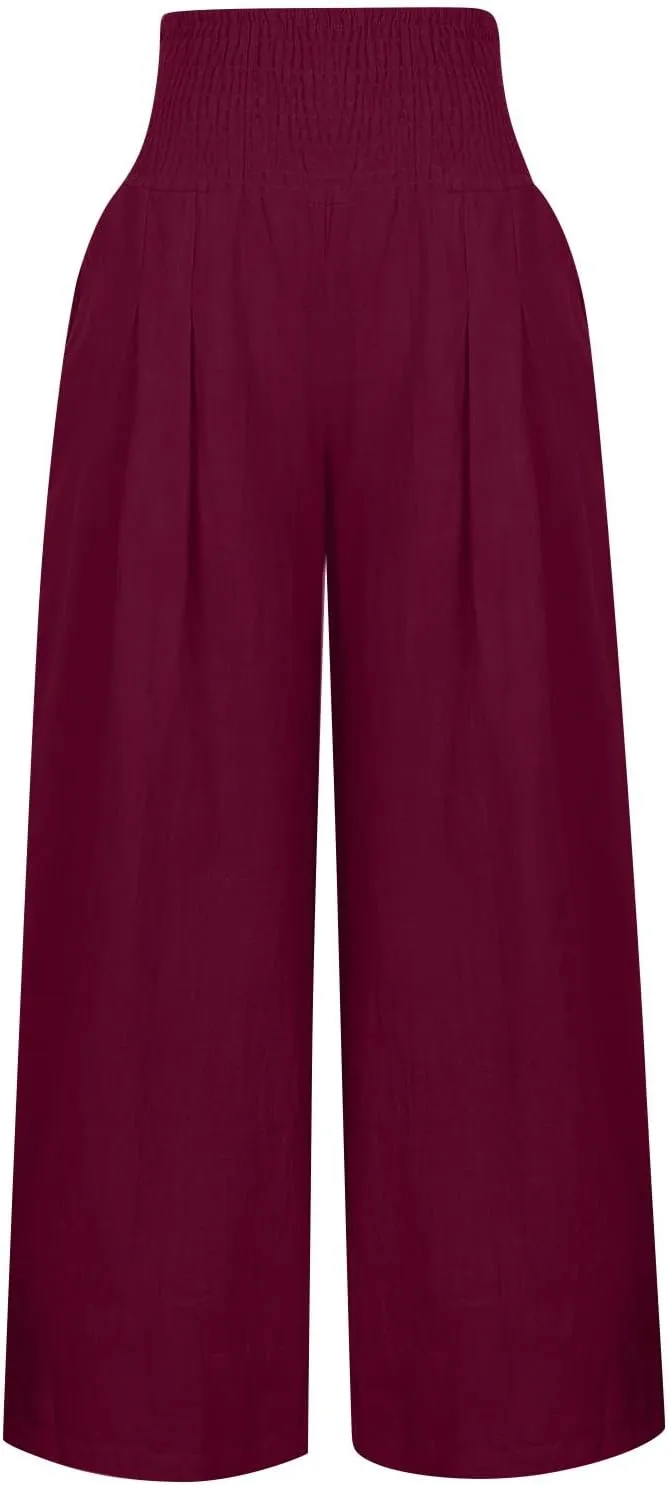 Womens Linen Summer Printed Palazzo Lounge Pants Elastic Waisted Straight Plus Size Palazzo Pants Vacation