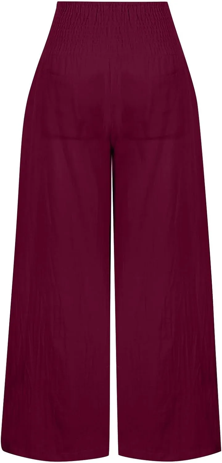 Womens Linen Summer Printed Palazzo Lounge Pants Elastic Waisted Straight Plus Size Palazzo Pants Vacation
