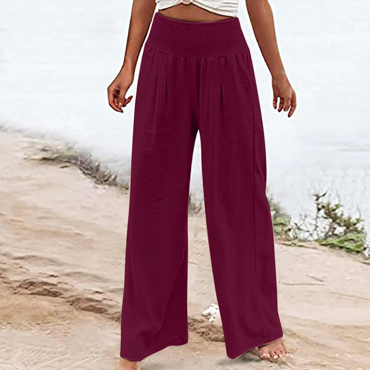 Womens Linen Summer Printed Palazzo Lounge Pants Elastic Waisted Straight Plus Size Palazzo Pants Vacation
