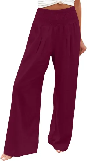Womens Linen Summer Printed Palazzo Lounge Pants Elastic Waisted Straight Plus Size Palazzo Pants Vacation