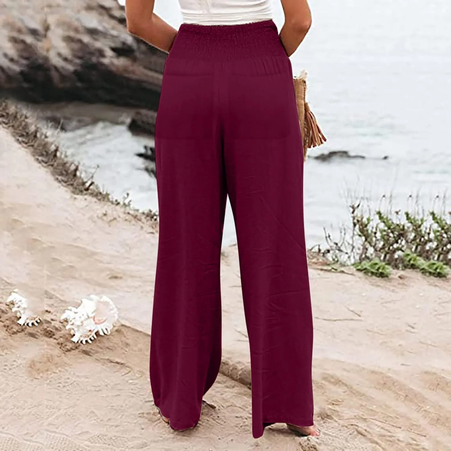 Womens Linen Summer Printed Palazzo Lounge Pants Elastic Waisted Straight Plus Size Palazzo Pants Vacation
