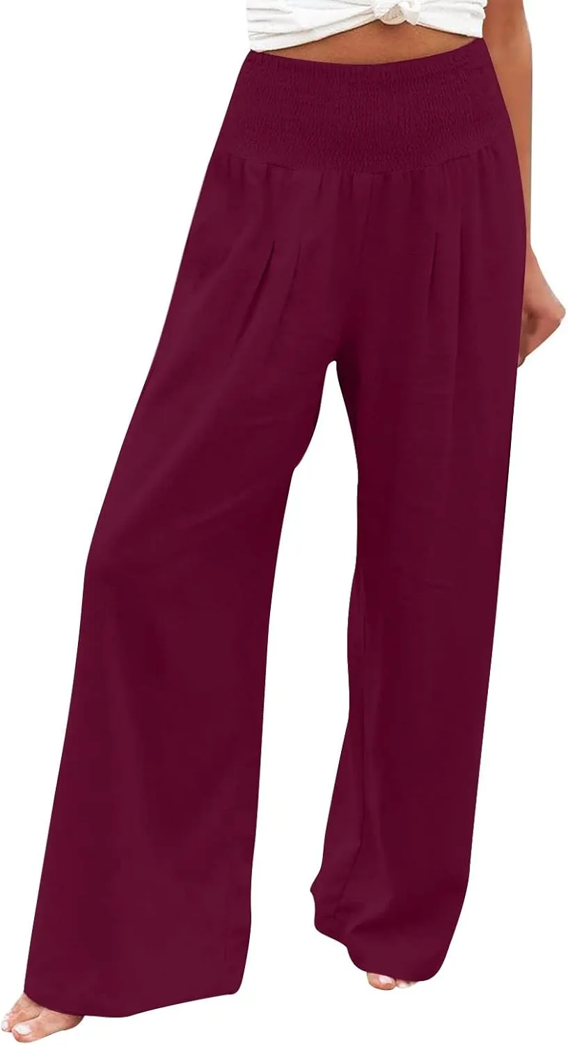 Womens Linen Summer Printed Palazzo Lounge Pants Elastic Waisted Straight Plus Size Palazzo Pants Vacation