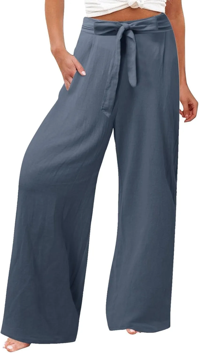 Women's Linen Summer Split Flowy Palazzo Lounge Pants Elastic Waisted Ankle Length Slim Fit Palazzo Lounge