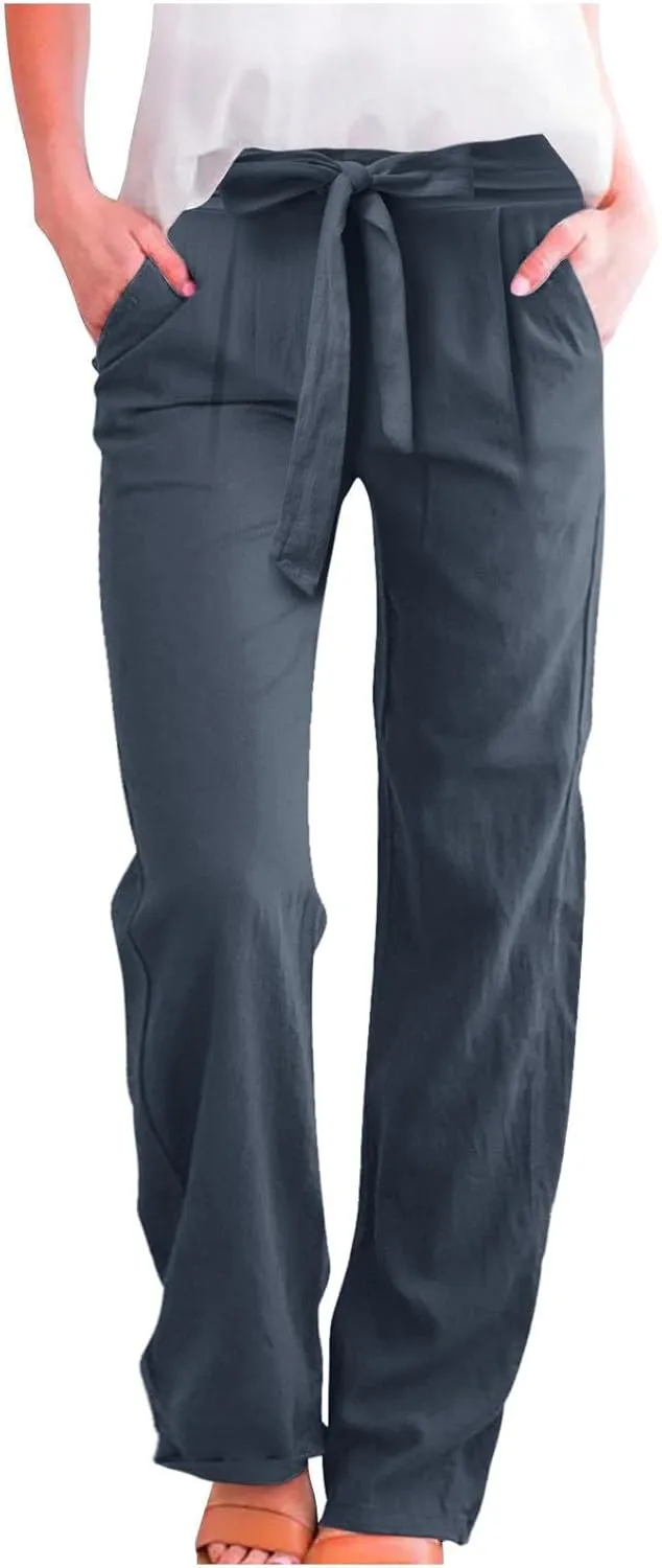 Women's Linen Summer Split Flowy Palazzo Lounge Pants Elastic Waisted Ankle Length Slim Fit Palazzo Lounge