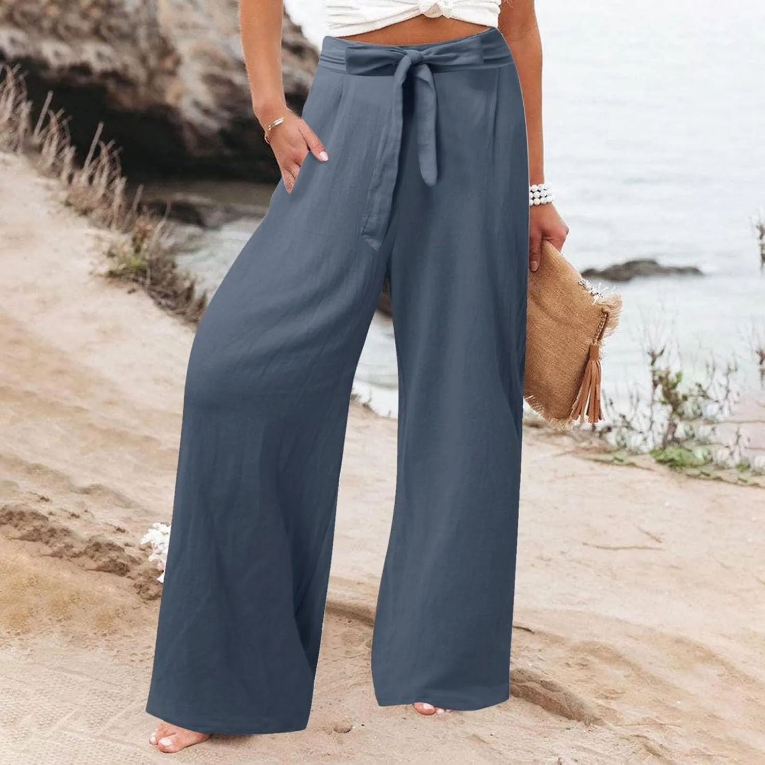 Women's Linen Summer Split Flowy Palazzo Lounge Pants Elastic Waisted Ankle Length Slim Fit Palazzo Lounge