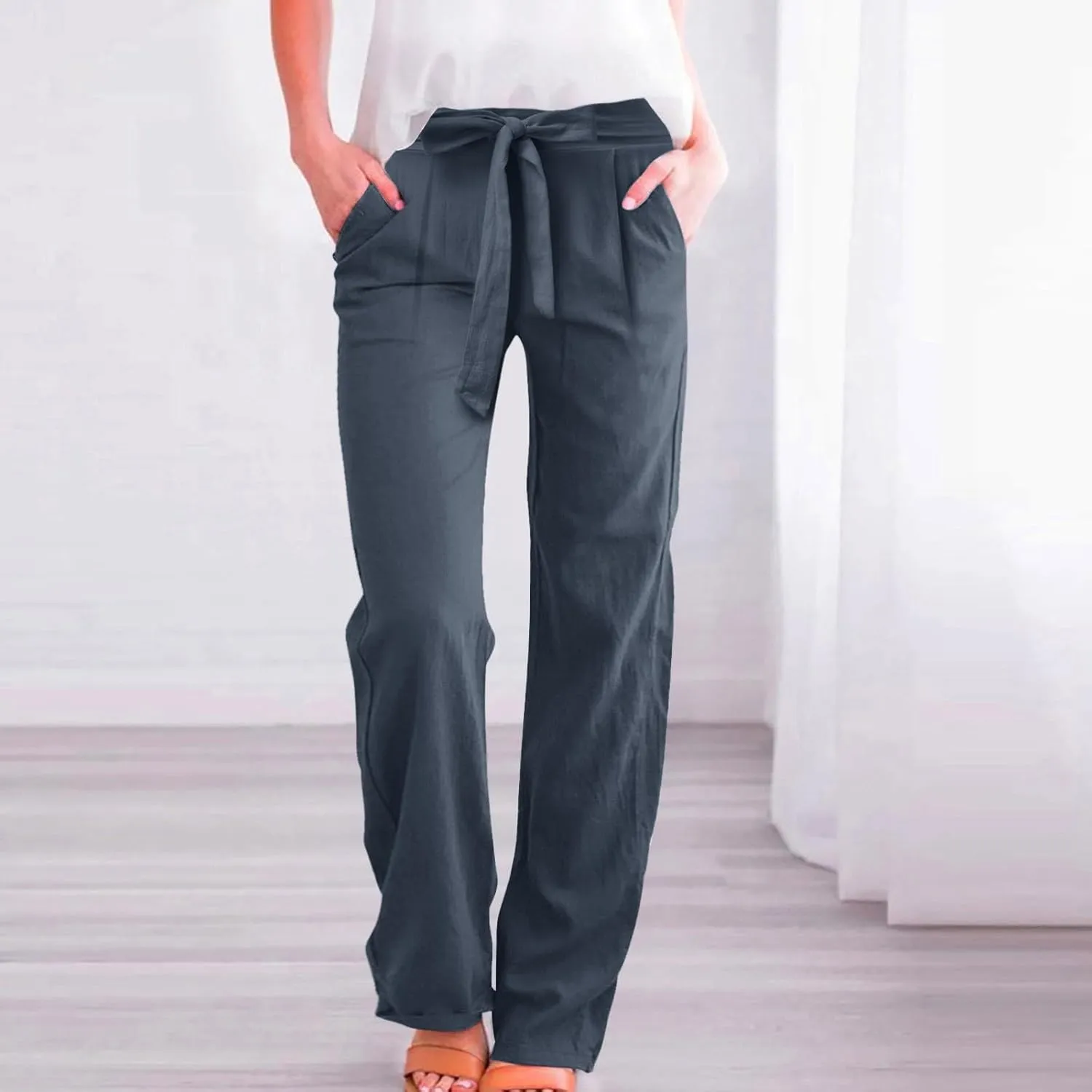 Women's Linen Summer Split Flowy Palazzo Lounge Pants Elastic Waisted Ankle Length Slim Fit Palazzo Lounge