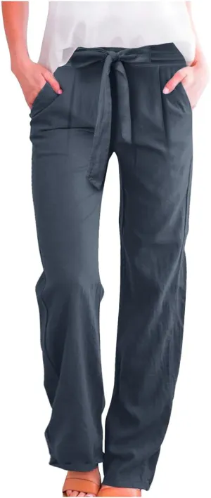 Women's Linen Summer Split Flowy Palazzo Lounge Pants Elastic Waisted Ankle Length Slim Fit Palazzo Lounge