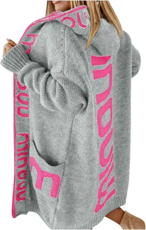 Women's Long Cardigan - Letter Print Oversized Knit Coats,Open Front Knitted Hoodie,Long Sleeve Trendy Sweater