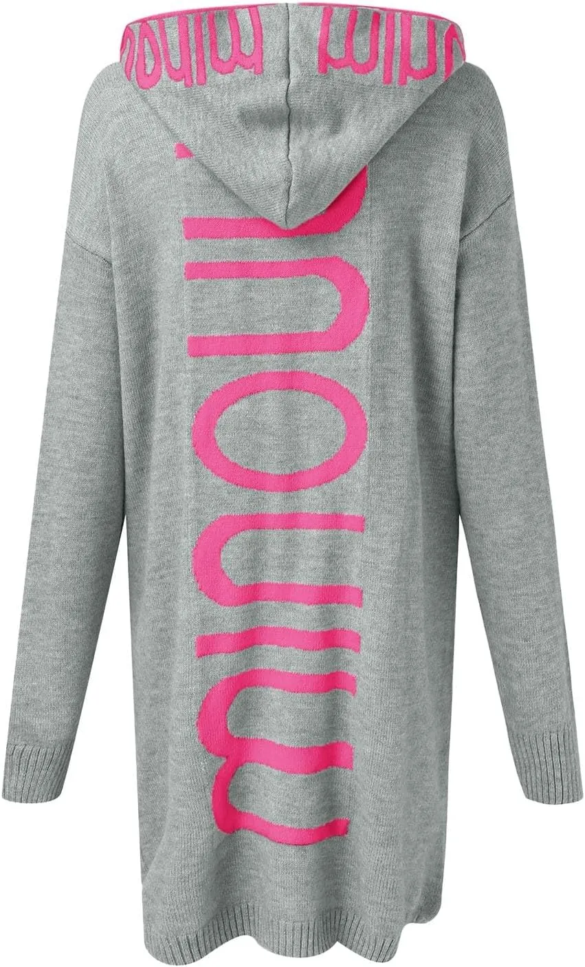 Women's Long Cardigan - Letter Print Oversized Knit Coats,Open Front Knitted Hoodie,Long Sleeve Trendy Sweater