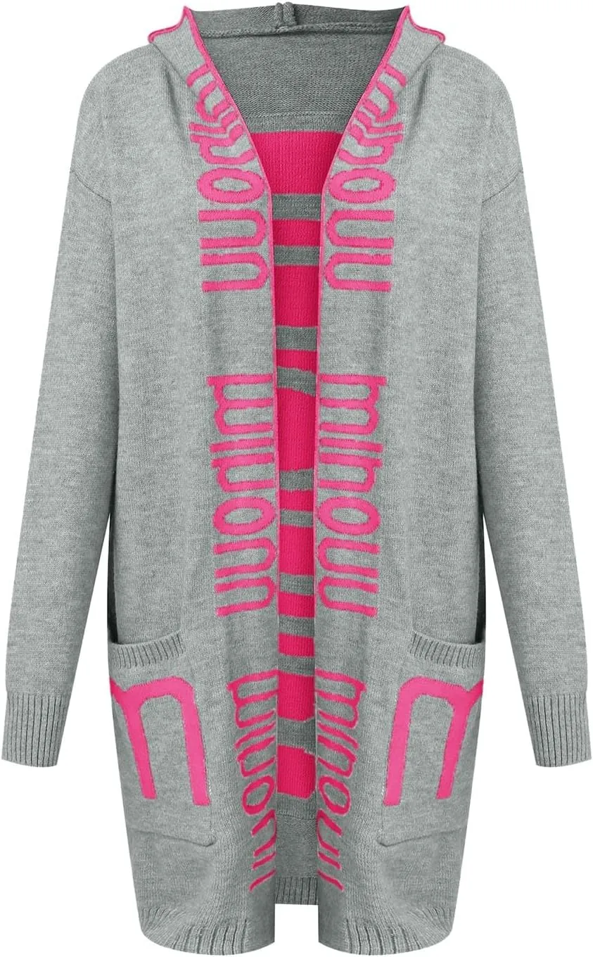 Women's Long Cardigan - Letter Print Oversized Knit Coats,Open Front Knitted Hoodie,Long Sleeve Trendy Sweater