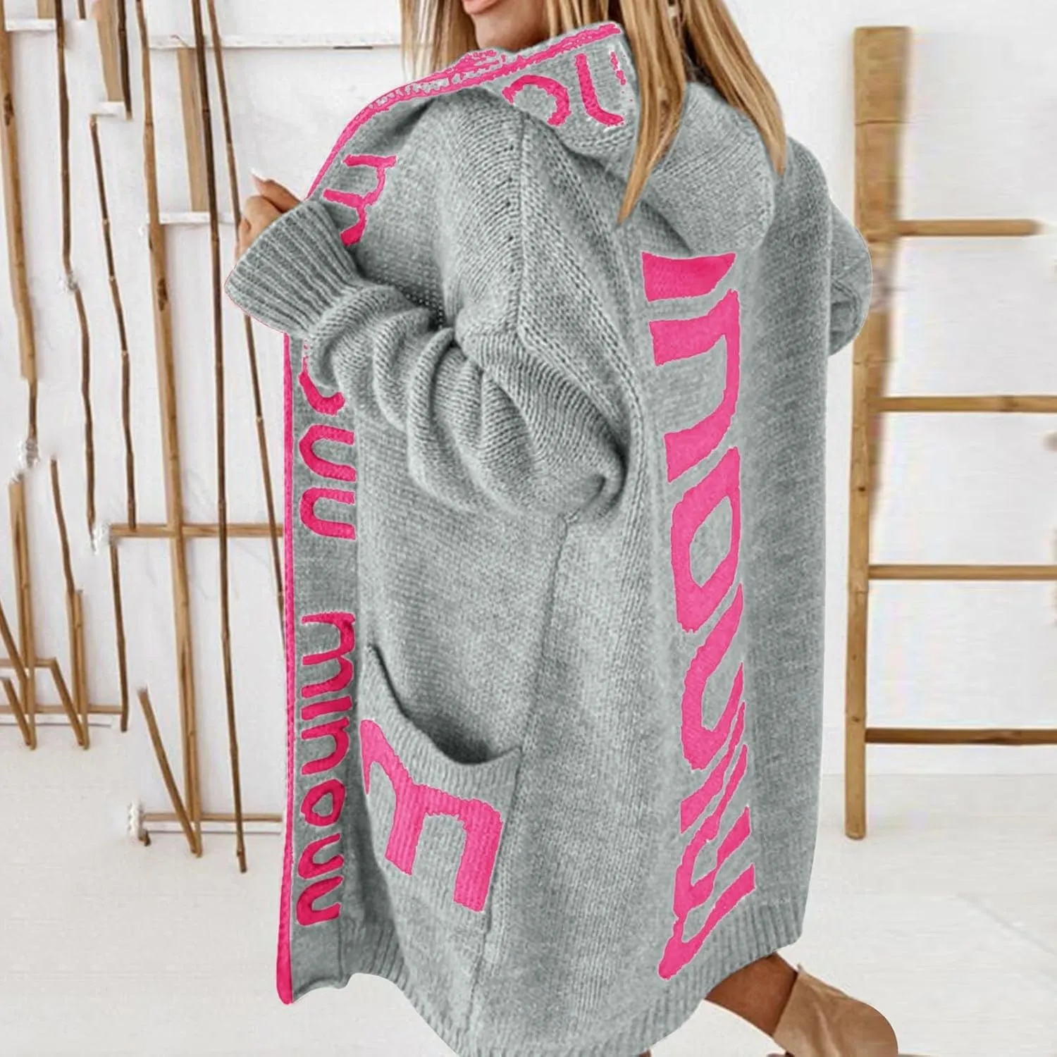 Women's Long Cardigan - Letter Print Oversized Knit Coats,Open Front Knitted Hoodie,Long Sleeve Trendy Sweater