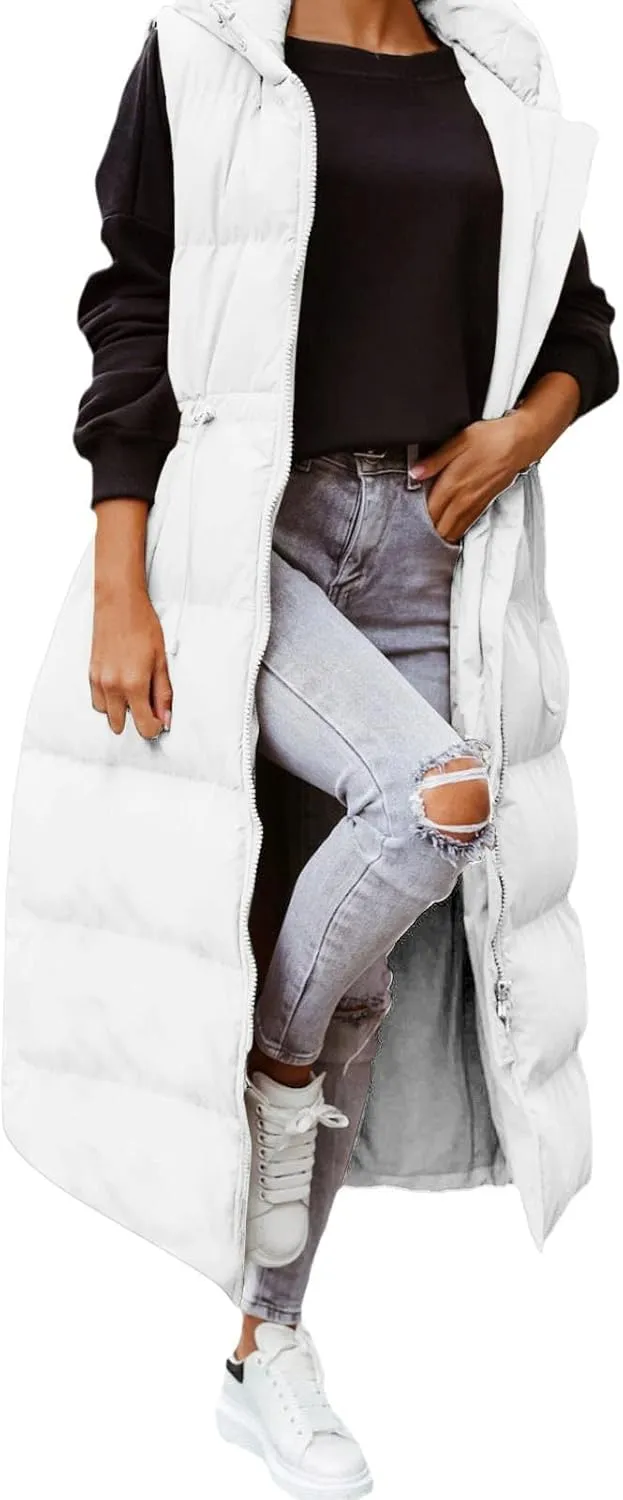Women's Long Quilted Vest Coat Hooded Maxi Length Sleeveless Puffer Vest Padded Coat Winter Vest Outerwear