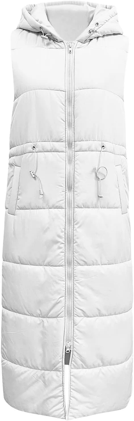 Women's Long Quilted Vest Coat Hooded Maxi Length Sleeveless Puffer Vest Padded Coat Winter Vest Outerwear