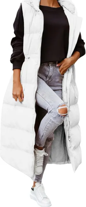 Women's Long Quilted Vest Coat Hooded Maxi Length Sleeveless Puffer Vest Padded Coat Winter Vest Outerwear