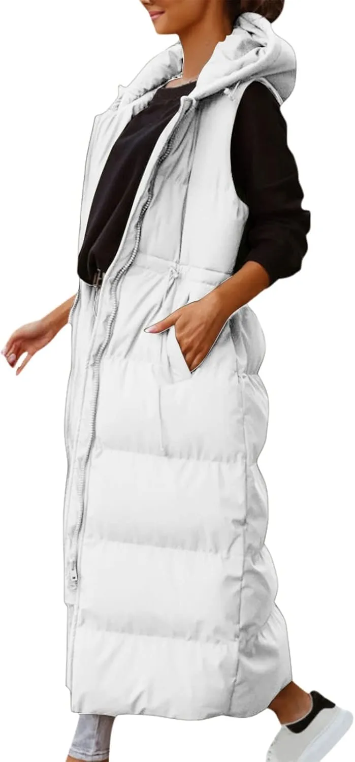 Women's Long Quilted Vest Coat Hooded Maxi Length Sleeveless Puffer Vest Padded Coat Winter Vest Outerwear