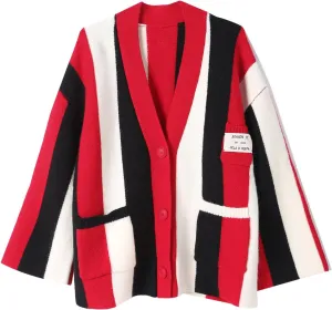 Womens Long Sleeve Cable Knitted Color Block Boho Striped Sweater Cardigans for Early Spring,Fall or Winter