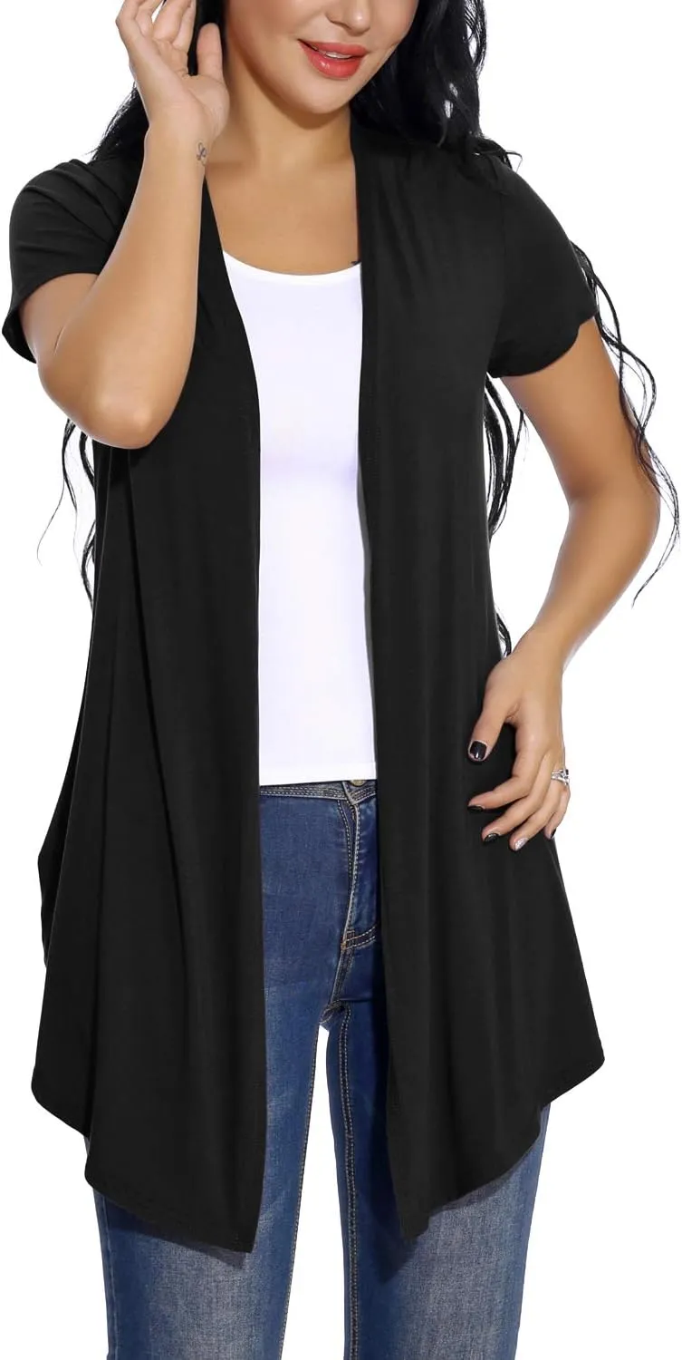 Women's Open Front Drape Cardigan Short Sleeves Solid Lightweight Cardigan