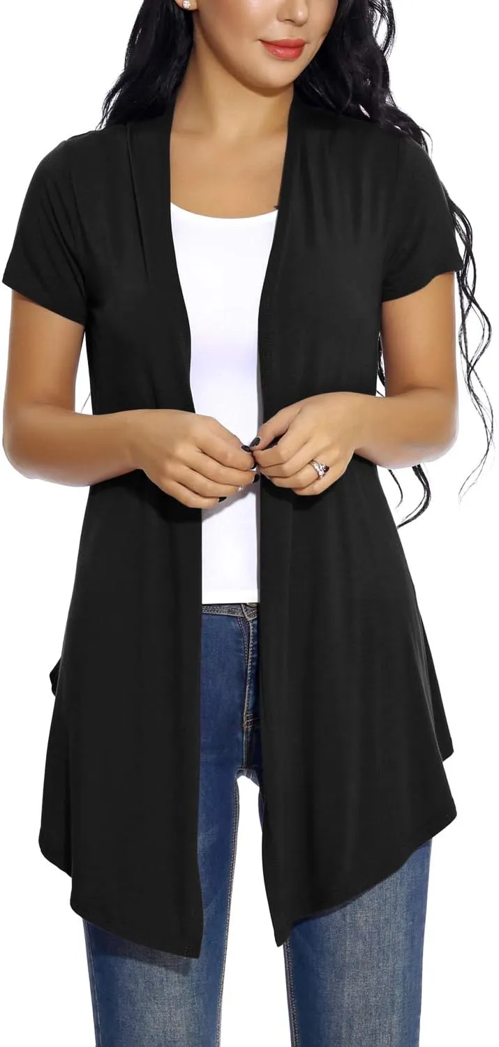 Women's Open Front Drape Cardigan Short Sleeves Solid Lightweight Cardigan