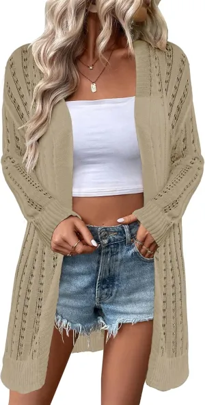 Womens Open Front Lightweight Cardigan Sweaters Crochet Long Sleeve Cardigans Summer Boho Beach Swimsuit Cover Up