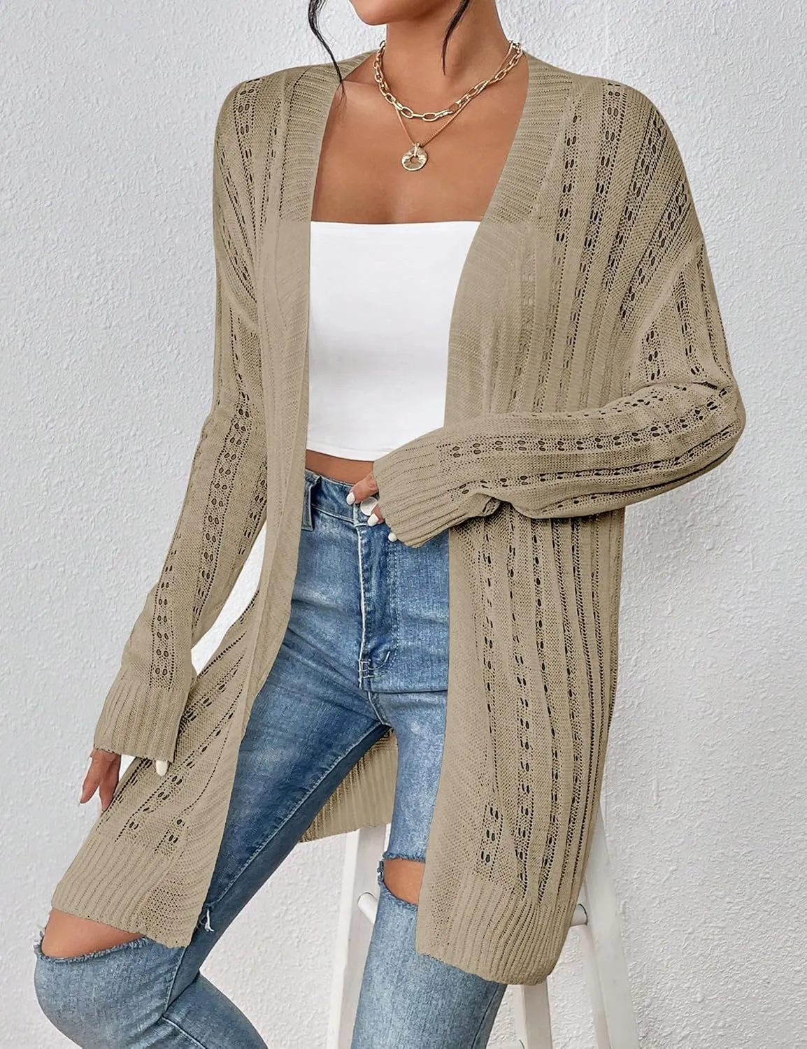 Womens Open Front Lightweight Cardigan Sweaters Crochet Long Sleeve Cardigans Summer Boho Beach Swimsuit Cover Up