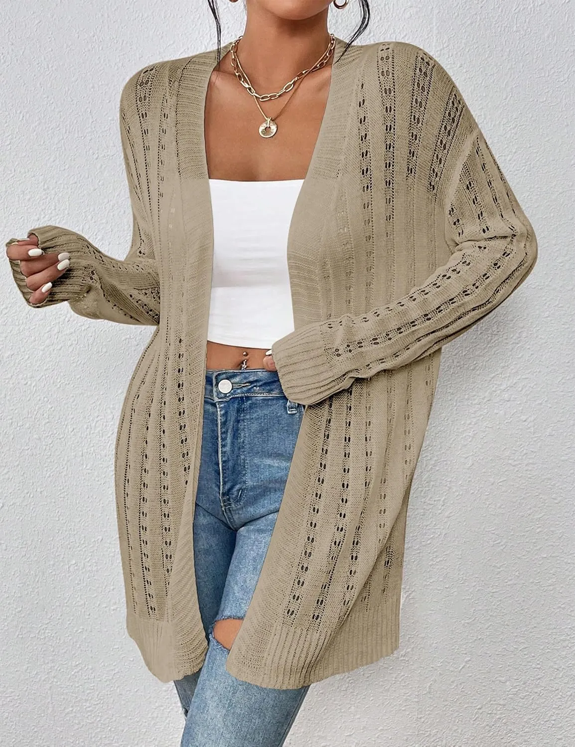 Womens Open Front Lightweight Cardigan Sweaters Crochet Long Sleeve Cardigans Summer Boho Beach Swimsuit Cover Up