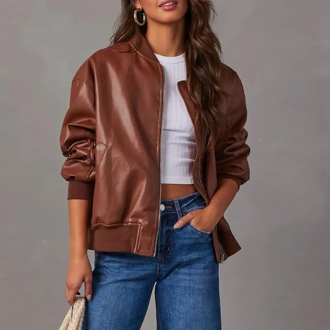 Women's Oversized Leather Jacket  Women's Cafe Racer Leather Jacket  Genuine Lambskin Varsity Style Jacket for Women