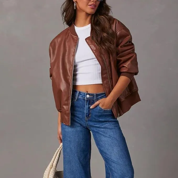 Women's Oversized Leather Jacket  Women's Cafe Racer Leather Jacket  Genuine Lambskin Varsity Style Jacket for Women