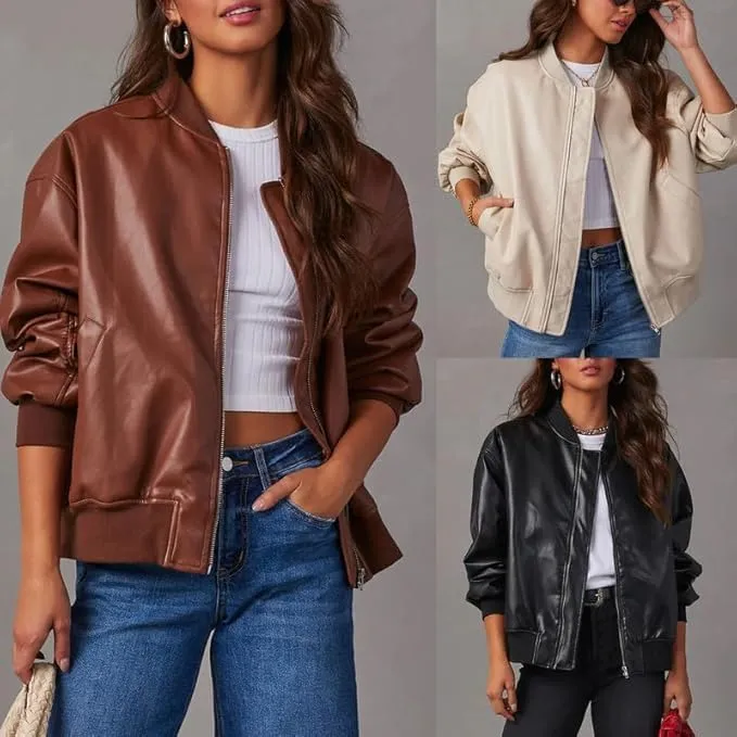Women's Oversized Leather Jacket  Women's Cafe Racer Leather Jacket  Genuine Lambskin Varsity Style Jacket for Women
