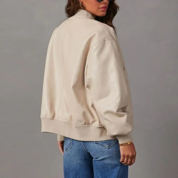 Women's Oversized Leather Jacket  Women's Cafe Racer Leather Jacket  Genuine Lambskin Varsity Style Jacket for Women