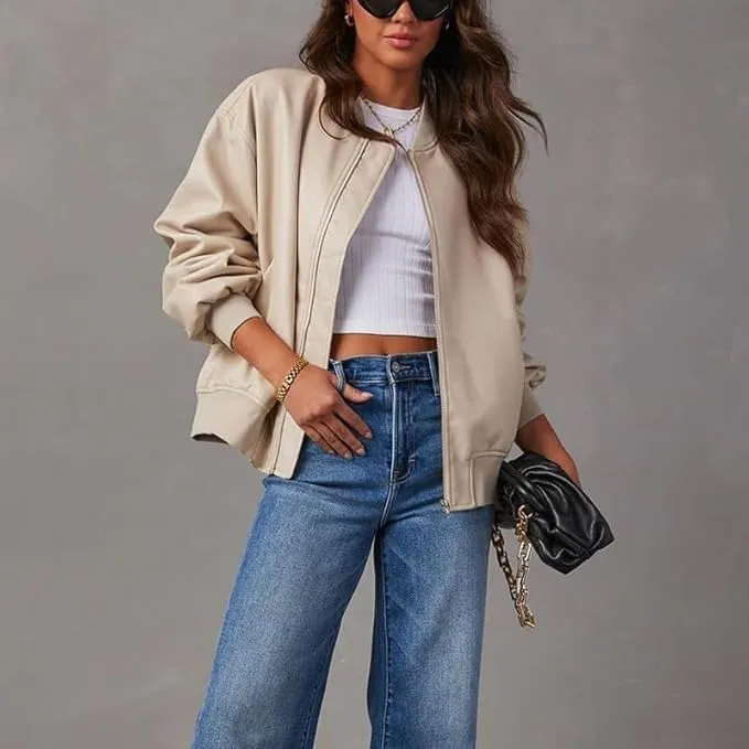 Women's Oversized Leather Jacket  Women's Cafe Racer Leather Jacket  Genuine Lambskin Varsity Style Jacket for Women