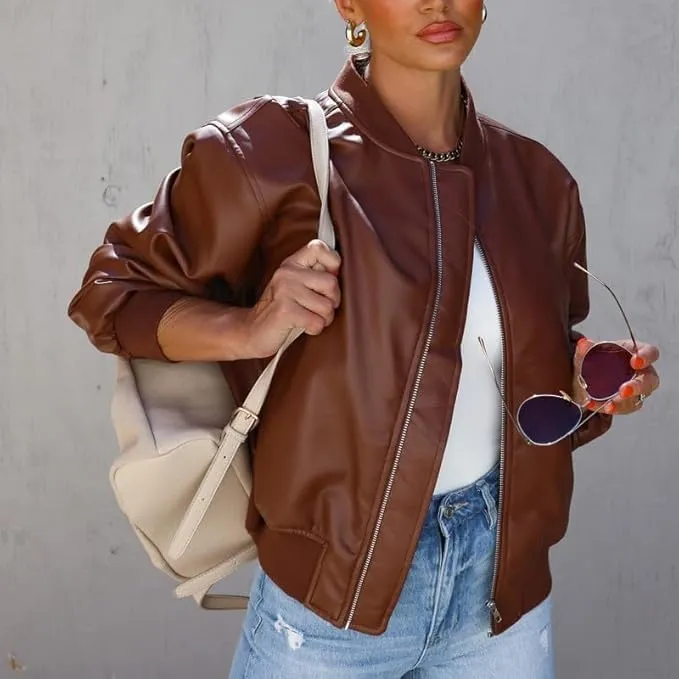 Women's Oversized Leather Jacket  Women's Cafe Racer Leather Jacket  Genuine Lambskin Varsity Style Jacket for Women