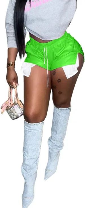 Women's PU Leather Shorts Sexy Side Slit Drawstring Disco Short Hot Pants with Pockets