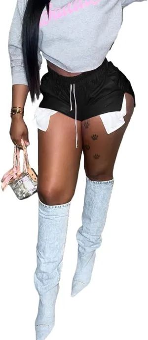 Women's PU Leather Shorts Sexy Side Slit Drawstring Disco Short Hot Pants with Pockets