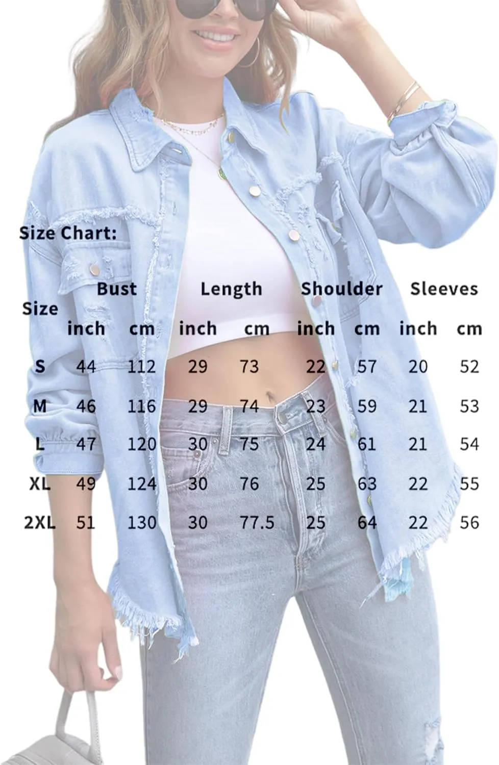 Womens Ripped Denim Jacket Oversized Boyfriend Button Front Frayed Hem Shacket Distresse Jean Coat with Pockets