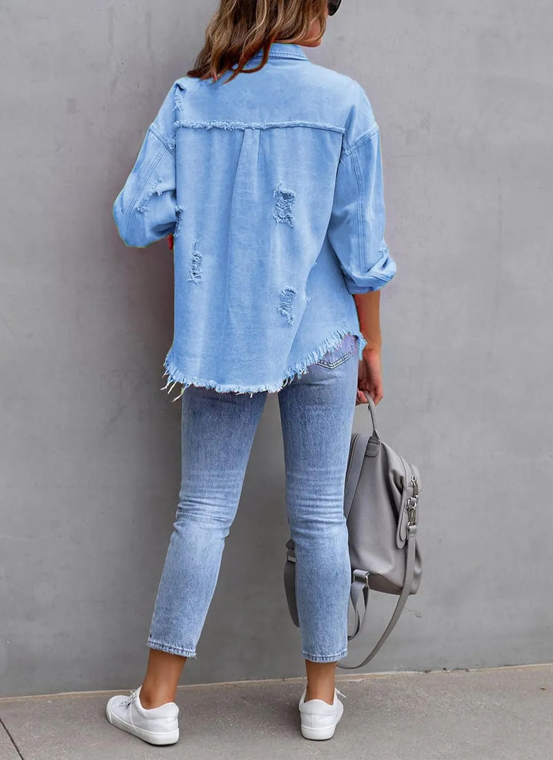 Womens Ripped Denim Jacket Oversized Boyfriend Button Front Frayed Hem Shacket Distresse Jean Coat with Pockets