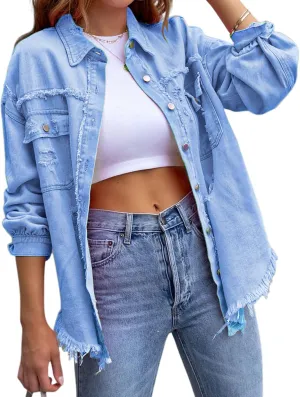 Womens Ripped Denim Jacket Oversized Boyfriend Button Front Frayed Hem Shacket Distresse Jean Coat with Pockets