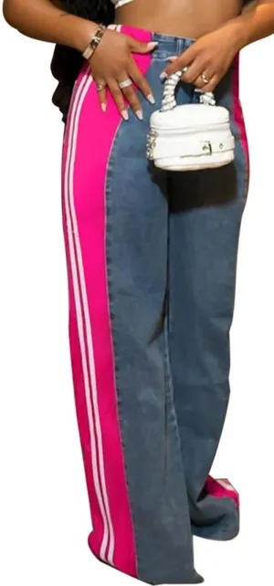 Womens Stretchy Jeans with Patchwork Stripes High Waisted Loose Denim Color Block Jean Straight Leg Pants