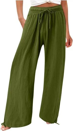 Women's Summer Drawstring Waist Trousers Wide Leg Loose Cotton Linen Palazzo Pants High Waist Adjustable Trousers