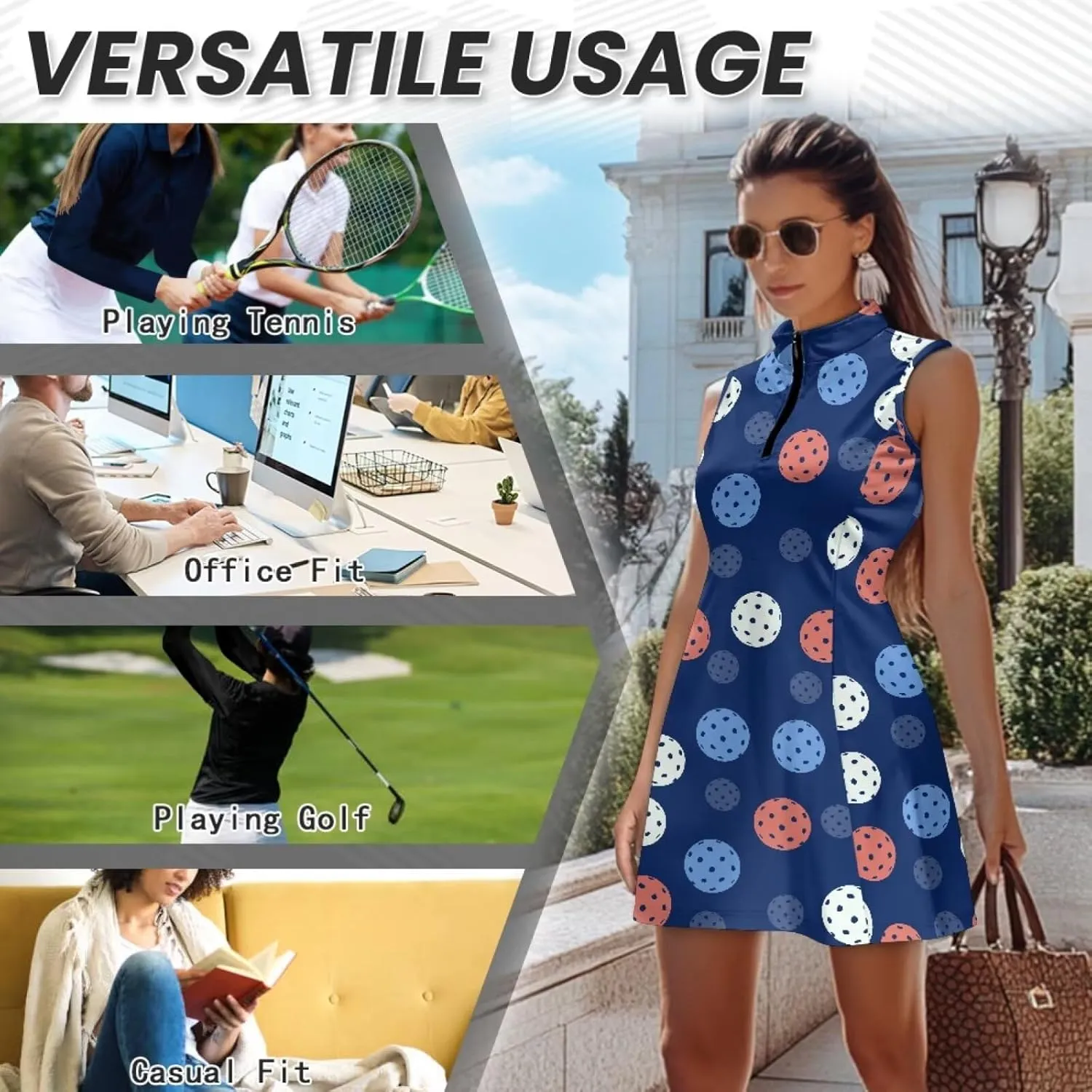 Women's Tennis Golf Dress with Built in Shorts and Pockets Activewear Workout Zipper Dress Sleeveless Gym Dress