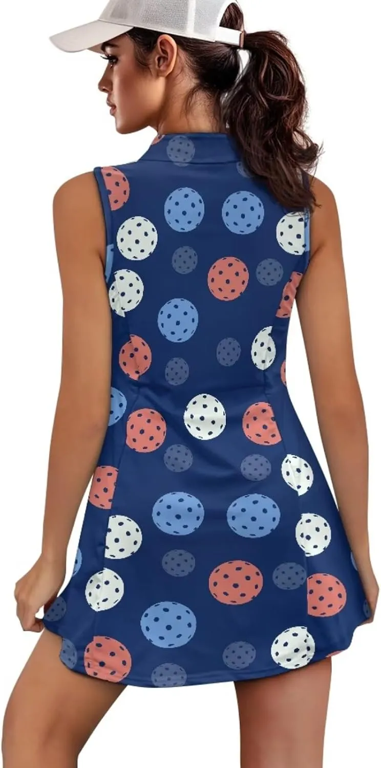 Women's Tennis Golf Dress with Built in Shorts and Pockets Activewear Workout Zipper Dress Sleeveless Gym Dress
