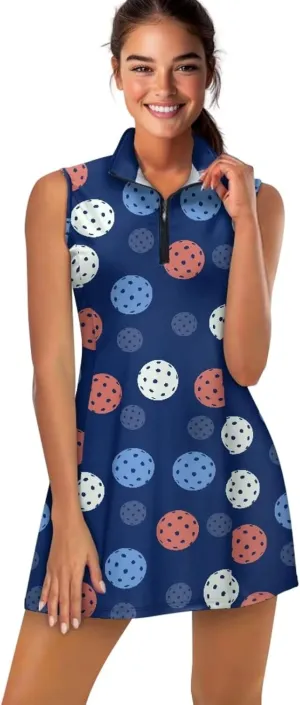 Women's Tennis Golf Dress with Built in Shorts and Pockets Activewear Workout Zipper Dress Sleeveless Gym Dress