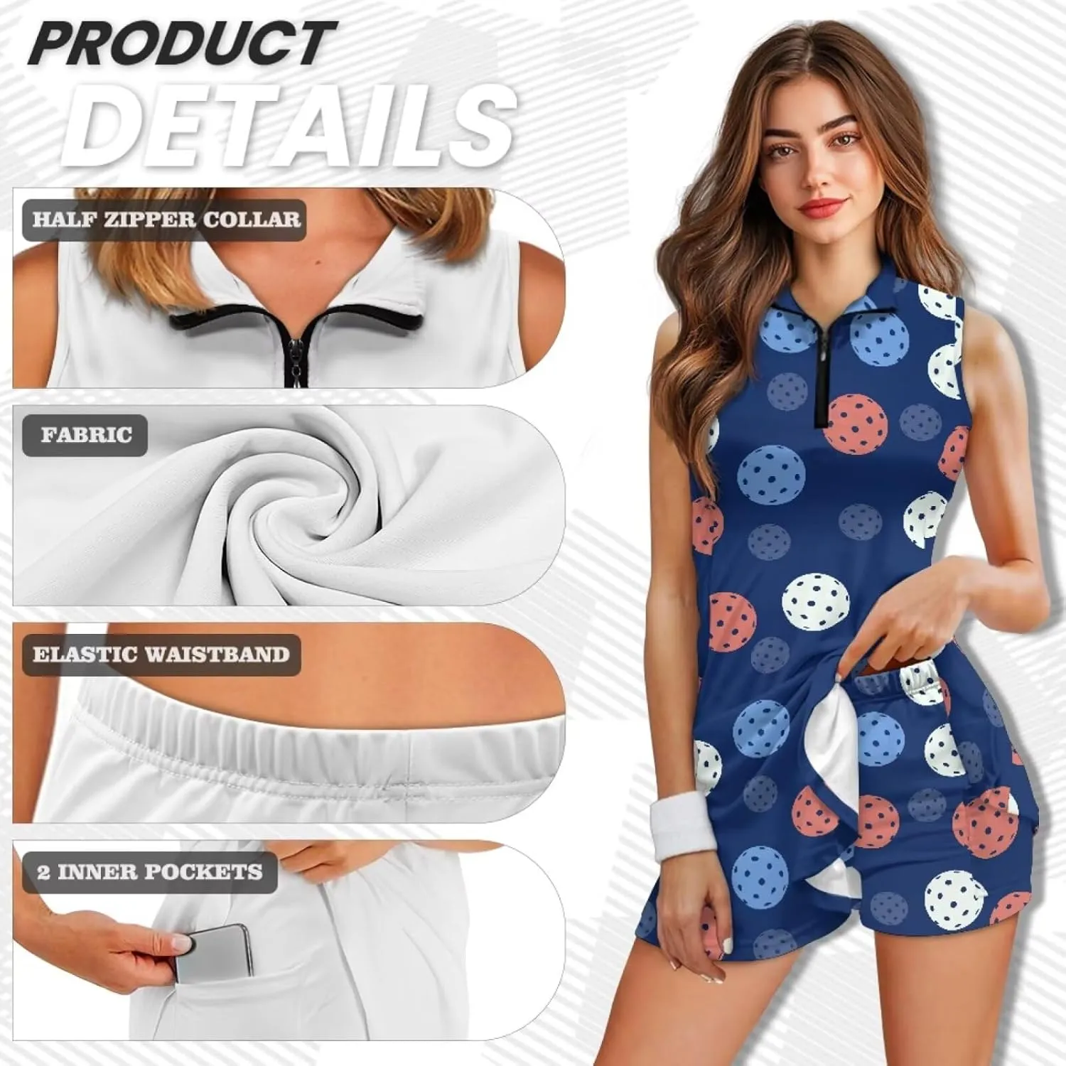 Women's Tennis Golf Dress with Built in Shorts and Pockets Activewear Workout Zipper Dress Sleeveless Gym Dress