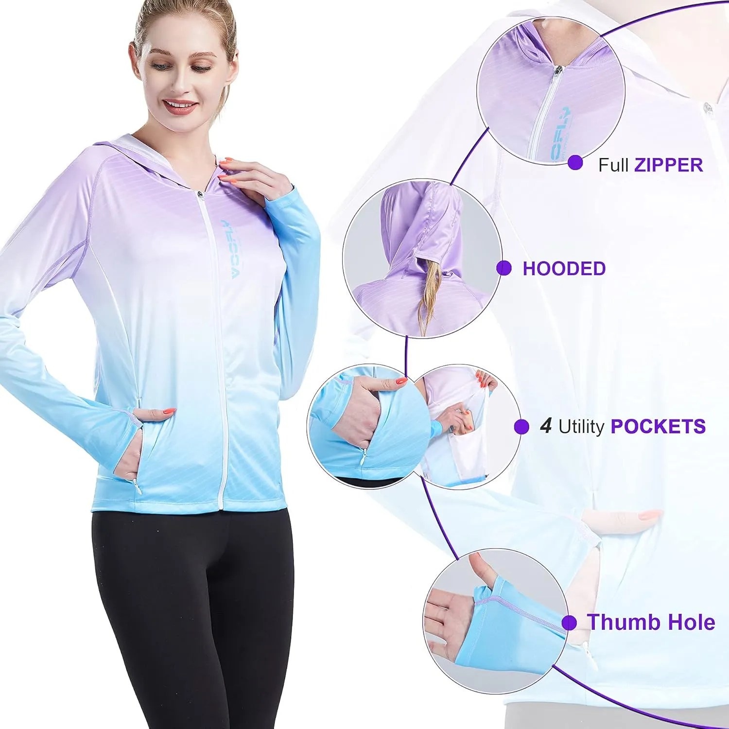 Women's UPF 50  Sun Protection Shirt Printed UV Hoodie Jacket Full Zip with Pockets