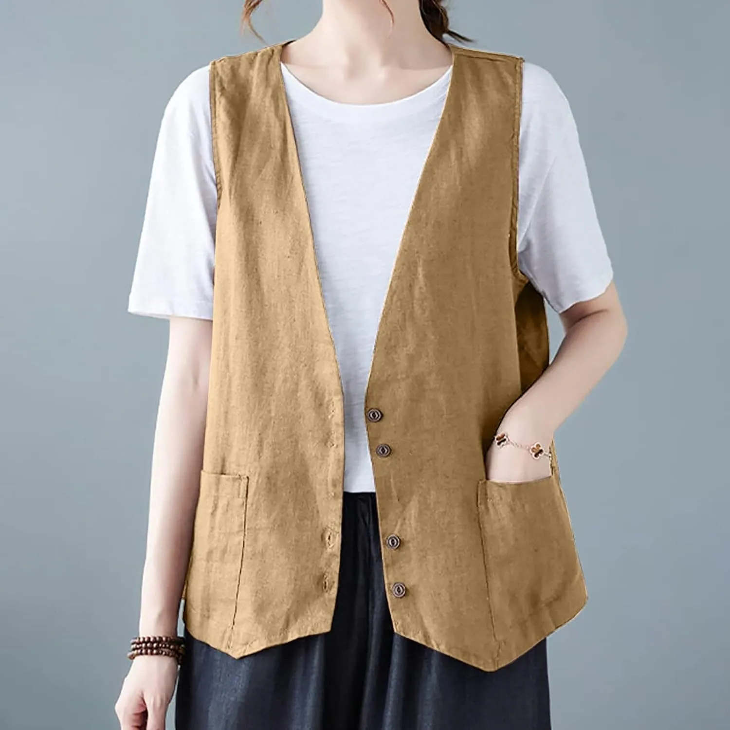 Womens Vest 2023 Summer Cotton Linen Vest Top Vintage Casual Sleeveless Button Down Jacket Loose Vests Outerwear
