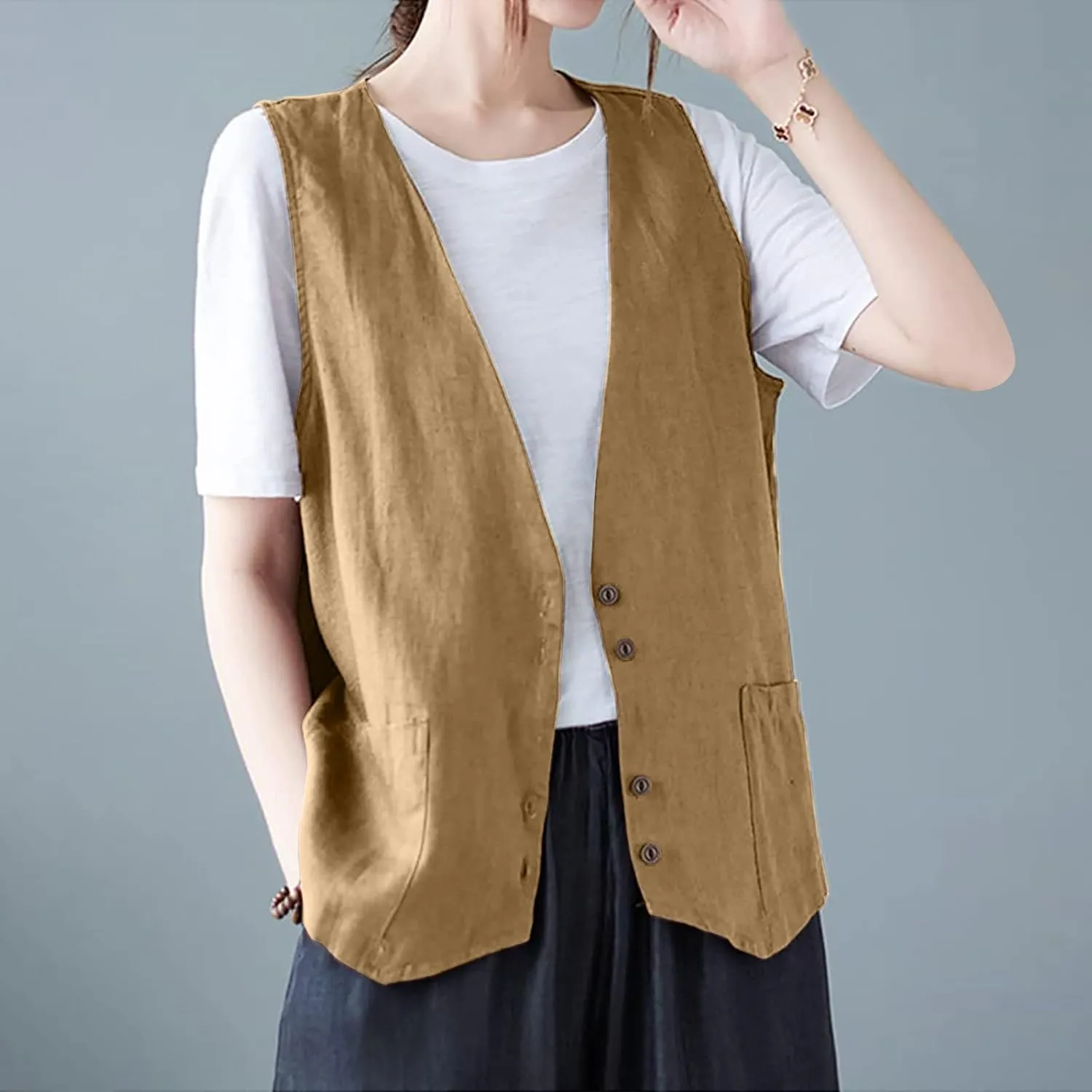 Womens Vest 2023 Summer Cotton Linen Vest Top Vintage Casual Sleeveless Button Down Jacket Loose Vests Outerwear